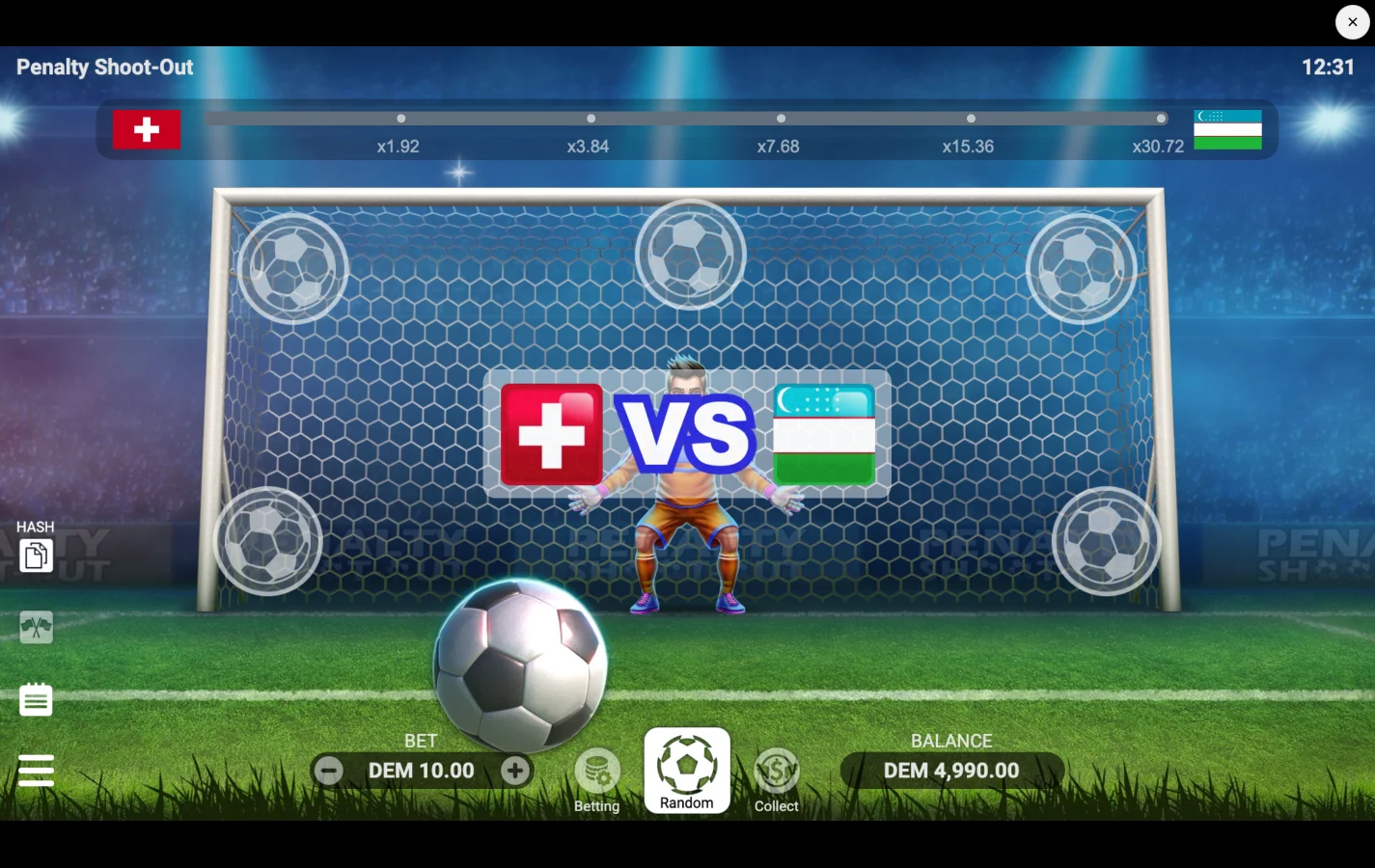 Pantalla de juego de Penalty Shoot-Out de Evoplay 3