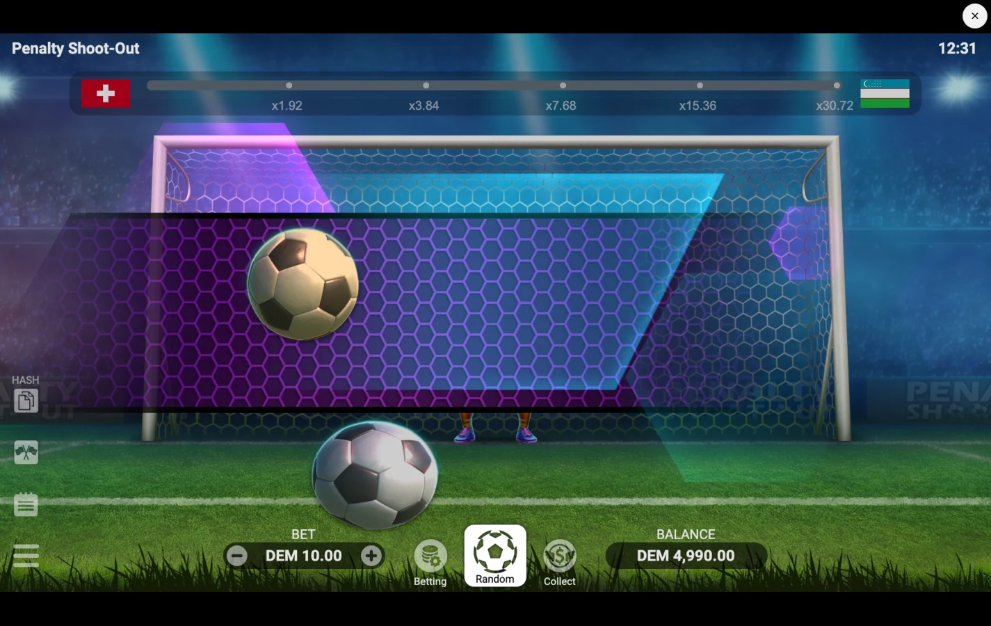 Pantalla de juego de Penalty Shoot-Out de Evoplay 4